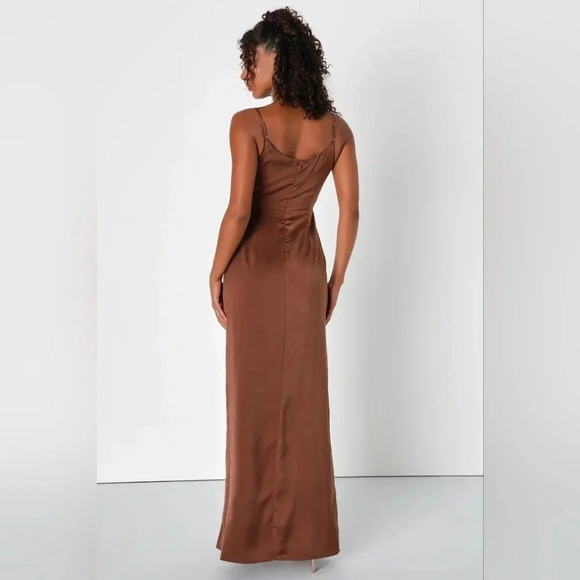 Lulus Lovely Drama Brown Satin Sleeveless A-Line Maxi Dress Wedding Party Prom - Picture 5 of 12